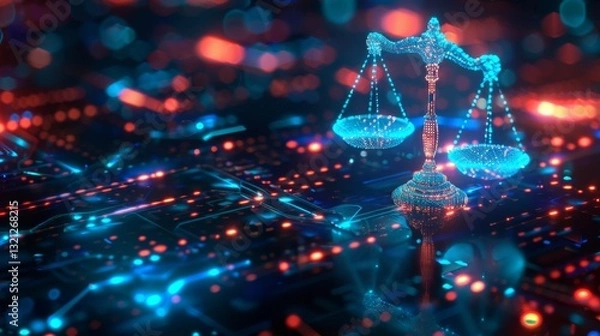 Fototapeta Holographic scales of justice displaying the fusion of technology and the legal system in a virtual environment