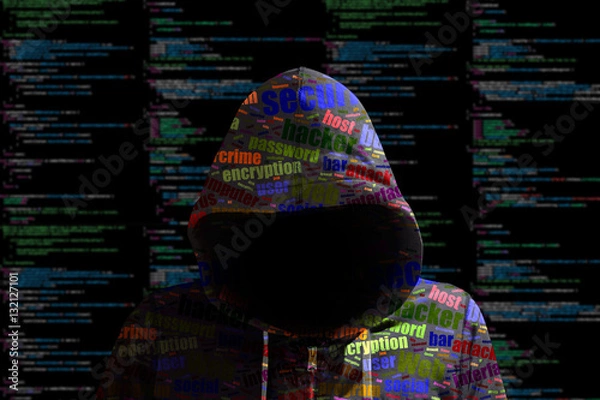 Fototapeta Hoody hacker cybersecurity colored computer code information sec