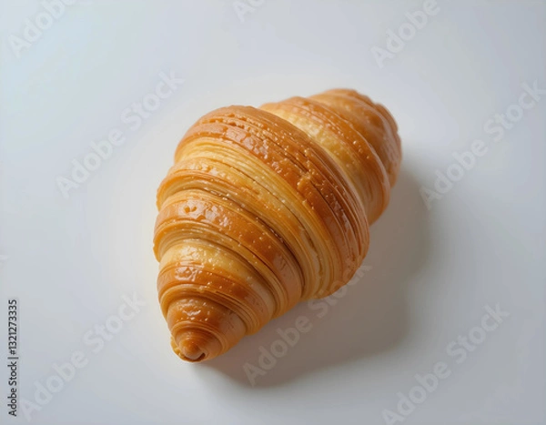 Fototapeta A beautifully golden-brown croissant with delicate, flaky layers and a glossy, buttery finish. The rich texture and crisp exterior make it an inviting and delicious pastry.