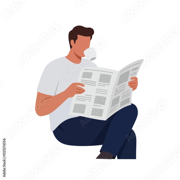 Fototapeta Man sitting and reading a newspaper with coffee in flat vector art