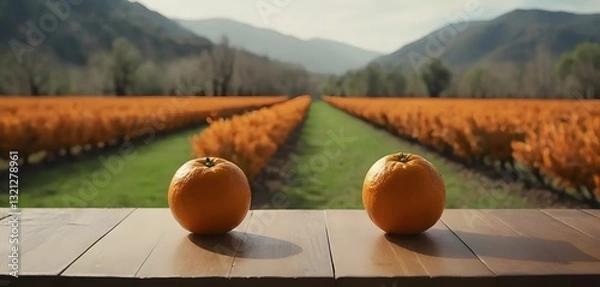 Fototapeta Photo of a fresh orange without leaves on a wooden table with an orange grove in the background