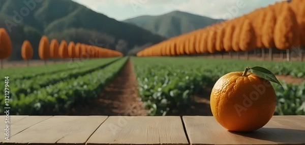 Fototapeta Photo of a fresh orange without leaves on a wooden table with an orange grove in the background