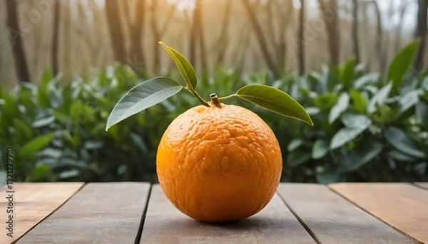 Fototapeta Photo of a fresh orange without leaves on a wooden table with an orange grove in the background