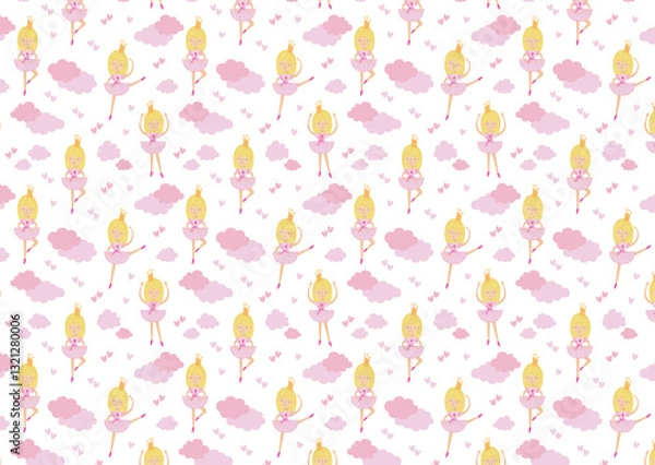 Fototapeta Cute ballerina princess background, vector illustration with pink tutu, hearts, and clouds for kids' wallpaper, textiles, and nursery decor