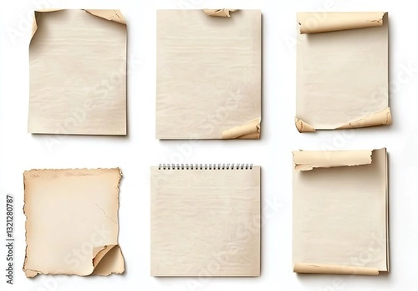 Fototapeta Vintage paper collection with various edges.  Six sheets of aged, textured paper, showcasing different degrees of wear and curl