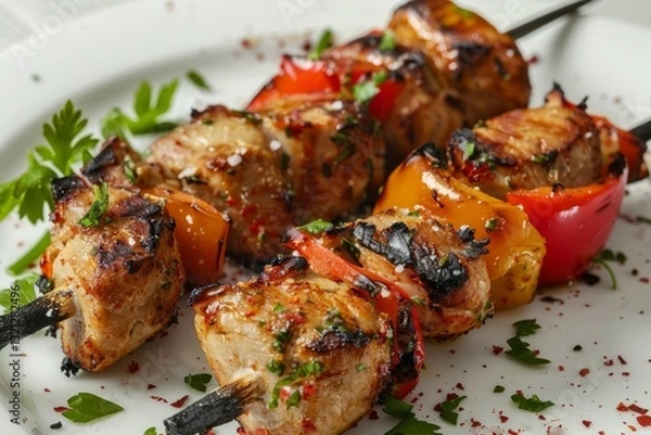 Fototapeta Juicy grilled skewers with fresh herbs and vegetables. Artificial intelligence image
