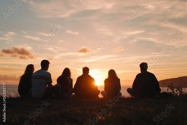 Fototapeta Friends gather at sunset overlooking the ocean while enjoying a peaceful evening together