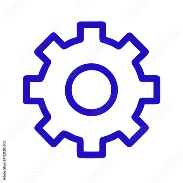 Fototapeta Single bold gear icon in deep blue for mechanical design and engineering applications with copy space