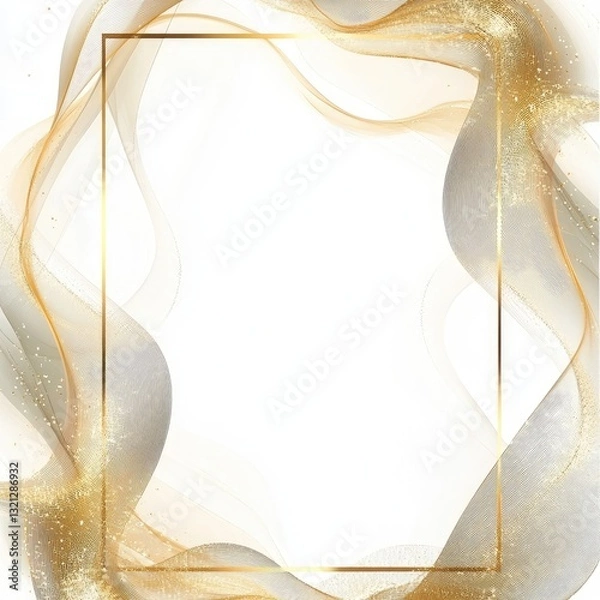 Fototapeta Elegant gold frame with flowing, textured, shimmering,  beige and grey ribbons