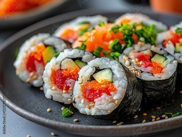 Obraz Delicious Japanese Sushi Rolls: Fresh, Tasty, and Colorful Cuisine with Authentic Flavor