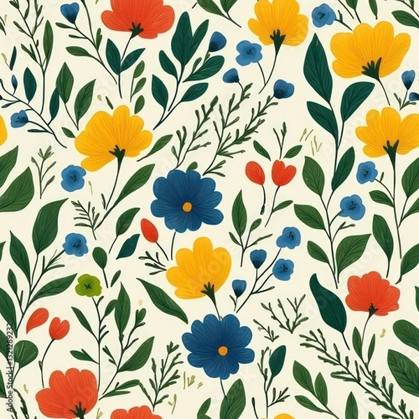 Fototapeta Seamless decorative and beautiful flowers for spring time pattern
