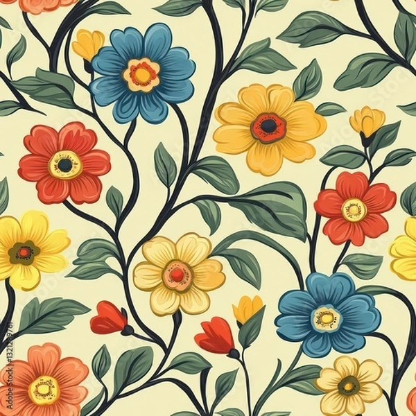 Fototapeta Seamless decorative and beautiful flowers for spring time pattern