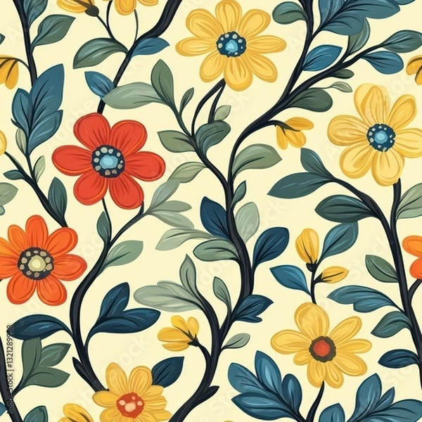 Fototapeta Seamless decorative and beautiful flowers for spring time pattern