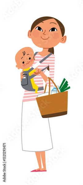 Obraz 赤ん坊を連れて買い物をする女性