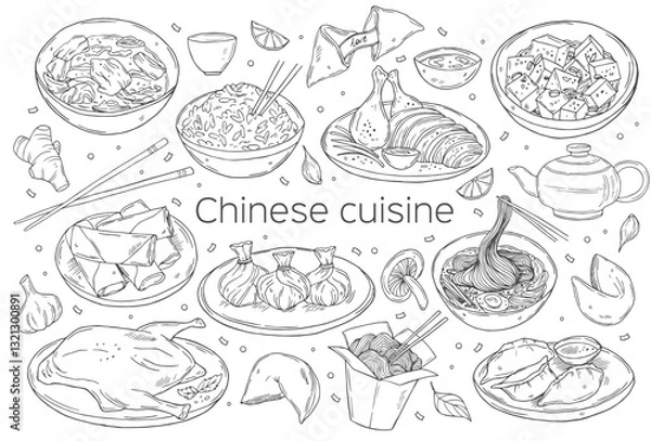 Fototapeta Chinese cuisine outline icon set. Asian food engraved monochrome vector illustration. Mapo tofu, rice, peking duck, dumplings, fortune cookies, wonton, wonton soup, springs rolls and noodle soup.