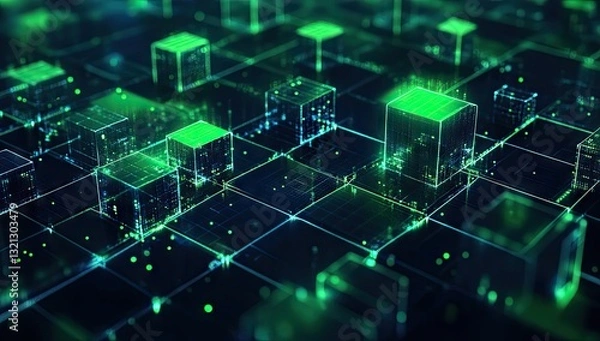 Fototapeta Abstract digital network of interconnected cubes.  Intricate glowing green and dark green lines and shapes.  Futuristic, data-driven graphic