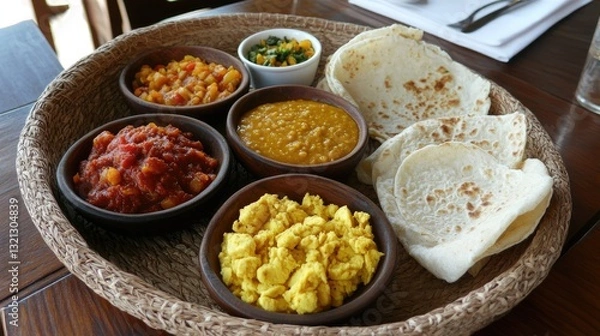 Obraz Colorful Indian Cuisine Spread with Various Dishes on Table