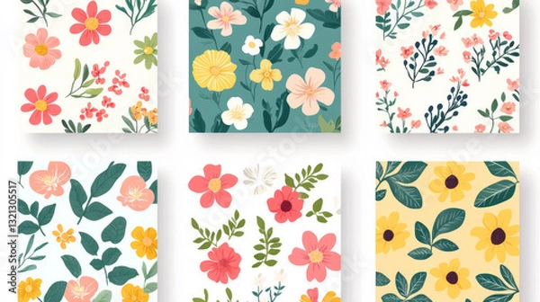 Fototapeta Vector backdrop set for spring. floral design for covers, posters, and greeting cards. Modern-style sale text type, bloom flowers, foliage, and textures. square form.