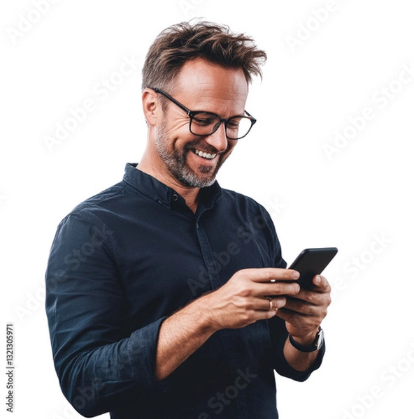 Obraz A man with glasses is smiling while holding a cell phone
