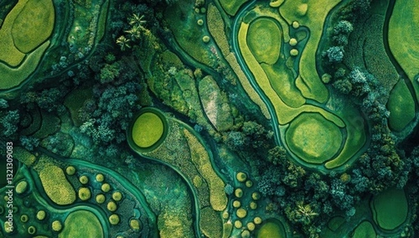 Fototapeta Abstract golf course design, aerial view. Lush green fairways and greens, winding paths, surrounded by trees