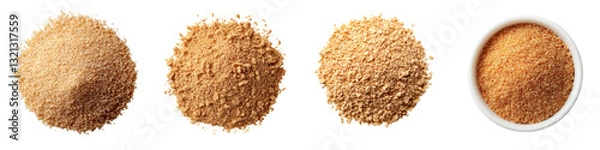 Fototapeta Close up view of an assortment of different spices and dried herbs including cinnamon ginger paprika and turmeric arranged in piles on a plain white background