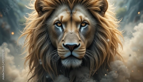 Fototapeta Majestic Lion Portrait With Golden Mane And Intense Gaze