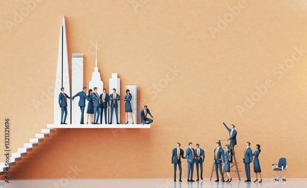 Fototapeta Business people working together in City. Abstract environment with stairs, business concept 3D rendering