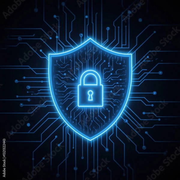 Obraz Digital shield symbolizing cybersecurity, glowing blue lock within a protective shield, modern tech theme emphasizing security.