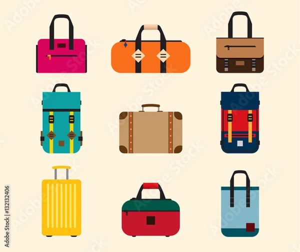 Fototapeta Vector bag icons set. Flat style. Handbag, backpack, messenger bag, suitcase