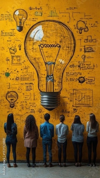 Obraz Group of people standing before a large light bulb illustration on a vibrant yellow wall, brainstorming ideas