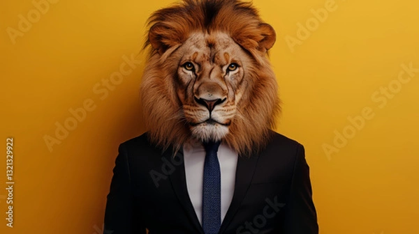 Fototapeta Portrait of a lion in a business suit on a yellow background