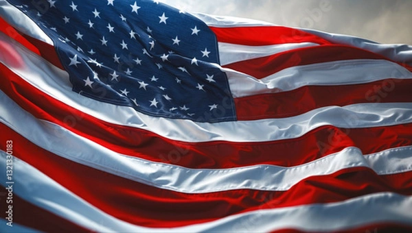 Obraz Ultra-realistic close-up of the American flag waving, showcasing its fabric texture, vivid colors, and dynamic motion with cinematic lighting and depth