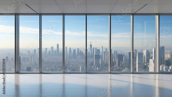 Obraz Modern, empty office interior with floor-to-ceiling glass windows showcasing a crystal-clear city skyline of towering skyscrapers. Bright, minimalistic, sunlit