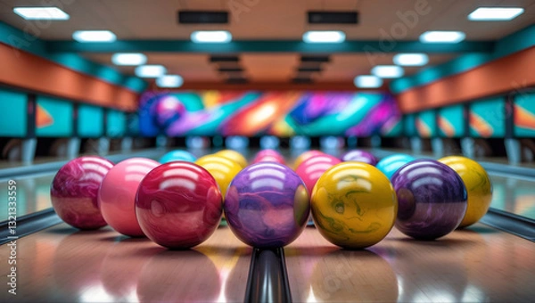 Obraz A dynamic bowling alley scene featuring vibrant balls in red, pink, purple, yellow and green. Shiny surfaces reflect lights in a photorealistic setting