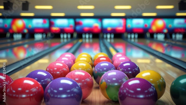 Obraz A vibrant bowling alley scene with colorful balls in red, pink, purple, yellow and green. Shiny surfaces reflect lights in a photorealistic scene!