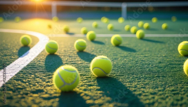 Obraz Dynamic tennis scene: tennis balls dispersed on green court with white lines as warm sunlight casts a golden glow and soft shadows on textured grass!