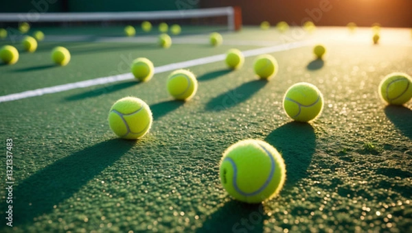Obraz A dynamic sports backdrop: tennis balls scattered on green court with white lines as warm sunlight casts golden glow and soft shadows on textured grass