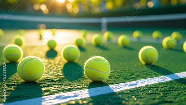 Obraz A dynamic sports backdrop: tennis balls scattered on green court with white lines as warm sunlight casts golden glow and soft shadows on textured grass