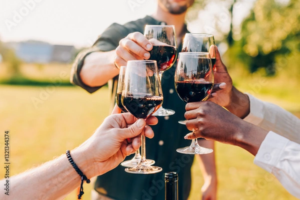 Fototapeta Group of friends raising glasses of red wine in a celebratory toast during an outdoor gathering in a scenic natural setting at sunset