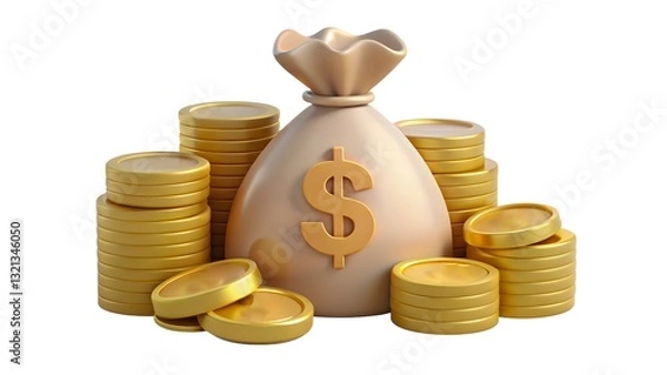 Fototapeta Money bag with dollar sign and stacks of gold coins on white background. Created with Ai