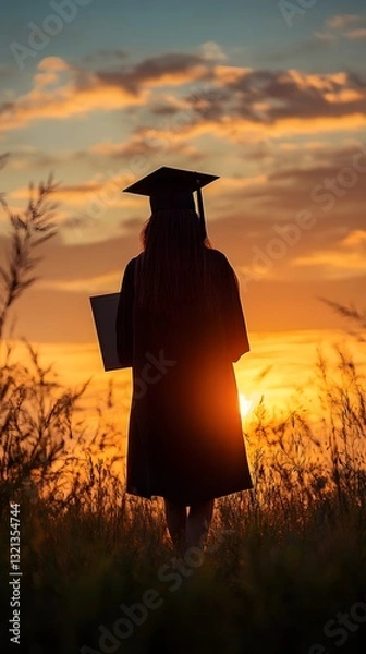 Obraz a silhouette of a graduate standing in a field at sunset