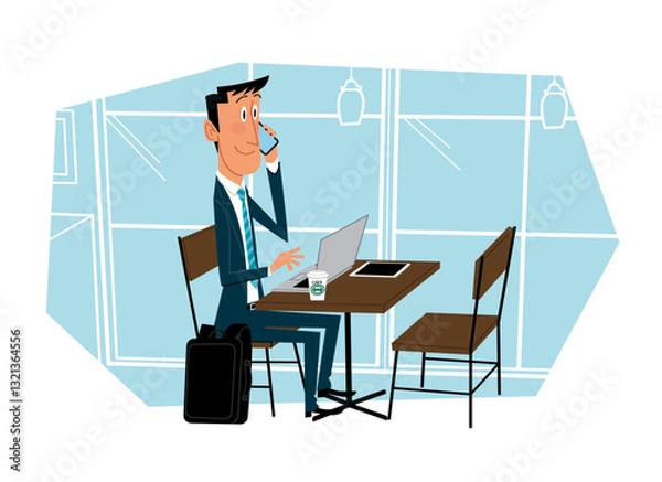Obraz カフェでデジタル機器を使って仕事をするビジネスマン