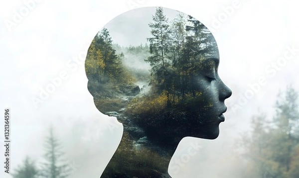 Fototapeta a woman's profile with a forest landscape overlay.