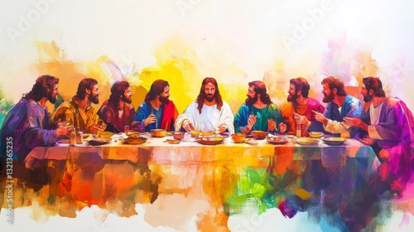 Fototapeta The Last Supper: A Watercolor Biblical Illustration Depicting Jesus and His Disciples on Maundy Thursday from the New Testament
