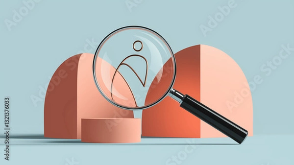 Fototapeta Magnifying glass over abstract person icon on pastel peach and blue background, showcasing recruitment, search, or talent acquisition concept