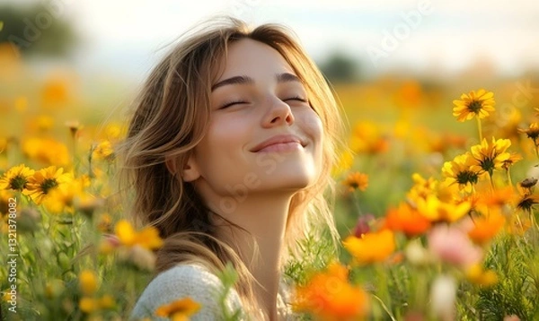 Fototapeta a woman smiling with eyes closed in a field of flowers