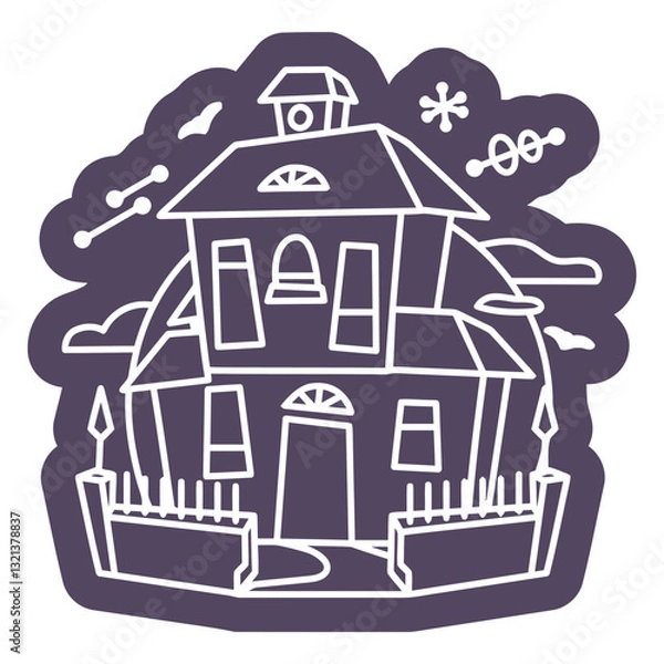 Fototapeta Spooky House Illustration: A whimsical illustration of a spooky house with exaggerated features like tall windows, a steep roof, and a wrought iron fence creating a playful depiction. 