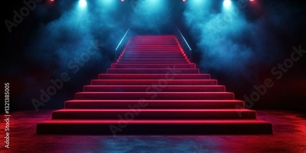 Obraz Starlit staircase illuminated with colorful lights in a fog-filled venue at night
