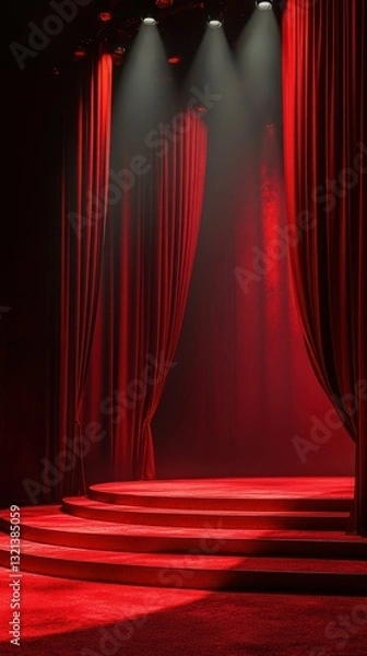 Obraz Spotlight shines on a red velvet stage with curtains and illuminated steps at a theater performance in the evening