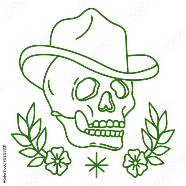 Fototapeta Mysterious Skull with cowboy hat: An intriguing skull adorned with a cowboy hat, nestled amidst delicate floral motifs, evoking a sense of vintage allure and the enigma of the Wild West.